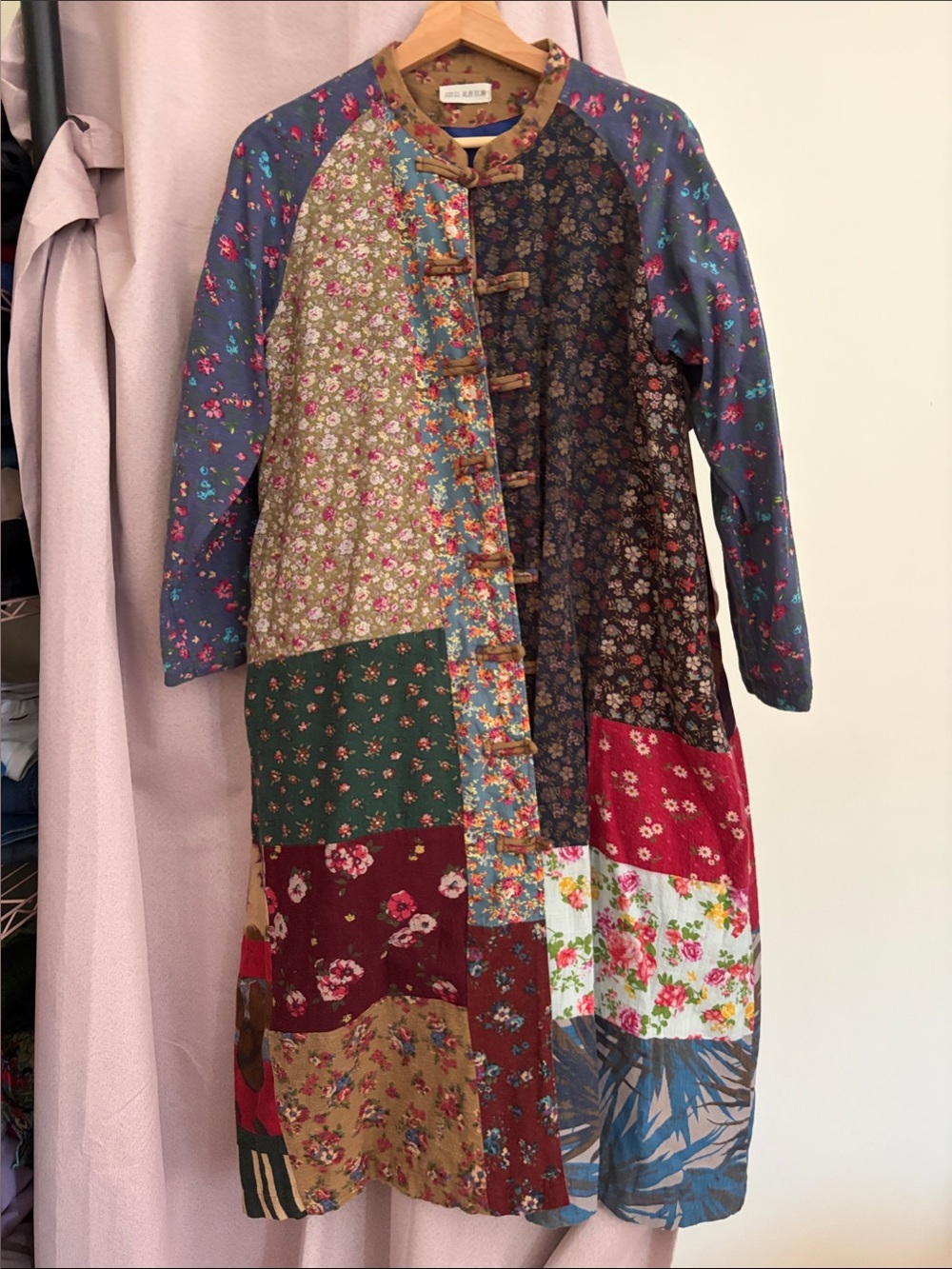 Patchwork Floral Long-Sleeve Coat Dress in Multi-Color